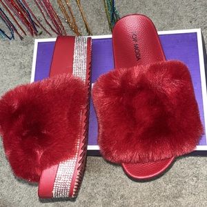 Red sparkly and fluffy sandals!! :)